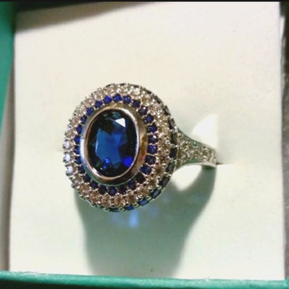 Size 8 - 925 Stamped Sterling Silver Plated Blue Sapphire Ring